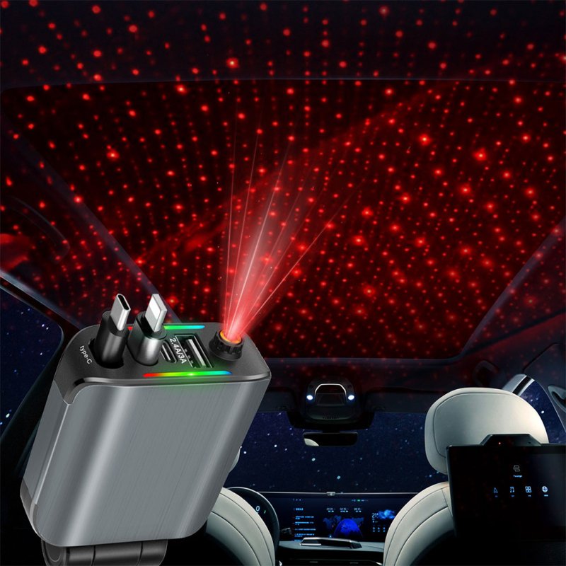 Chargeur Voiture 4en1 Rétractable 120W avec toit Starlight pour téléphones iOS et Android- شاحن سيارة متعدد المنافذ