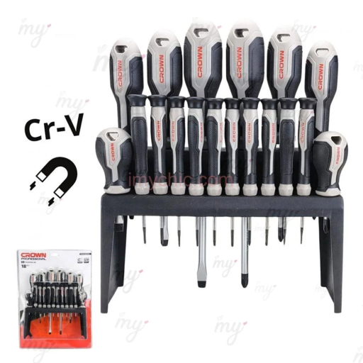 Jeu de Tournevis 18Pcs En Acier Au Chrome-Vanadium Avec Poignées Ergonomiques Crown CPHDS-AXA18