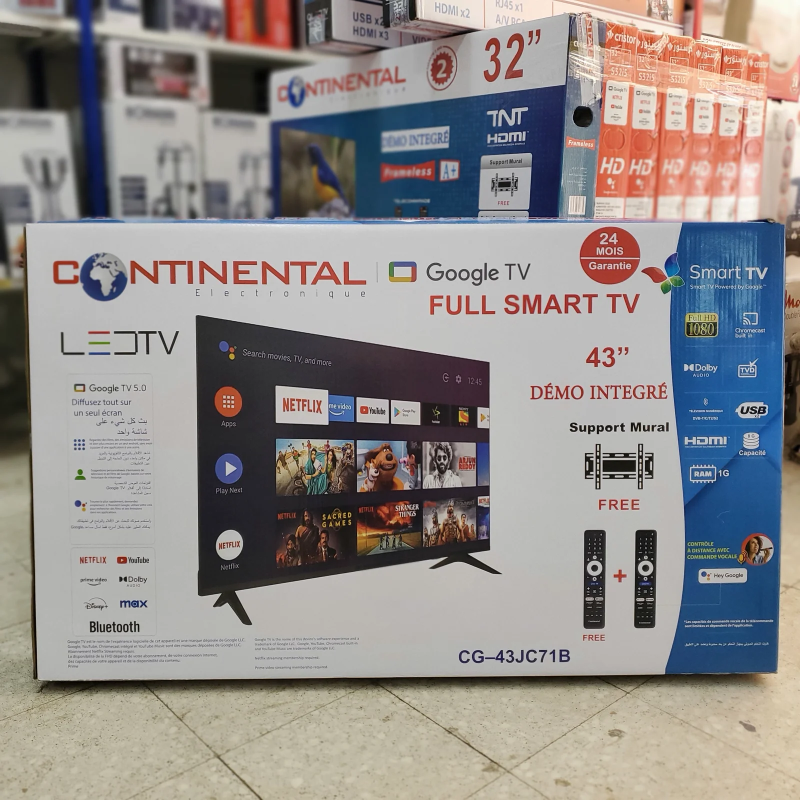 Tv Continental 43p Smart Google tv- avec support - 2 télécommande